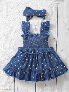 Golden Bloom – Baby Girl Blue Slip Dress with Gold Dots and Matching Headband Set