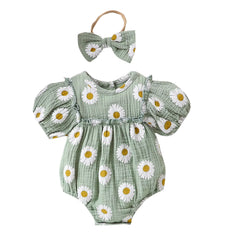 Daisy Whispers – Baby Girl Bubble Sleeve Lace Romper